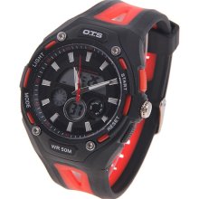 mens new OTS black & red digital/analog watch silicone PU band alarm WR 50M