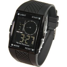 mens new OTS black dual time digital watch w/silicone band & black display