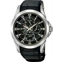 Men's Premier Stainless Steel Case Leather Bracelet Black Dial Day and