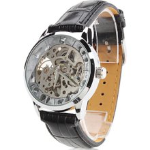 Men's PU Analog Mechanical Watch Wrist with Hollow Engraving (Black)