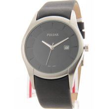 Mens Pulsar Leather Black Dial Date Casual Watch PXDB15