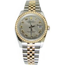 Men's rolex diamond bezel datejust watch gray roman dial two tone jubilee