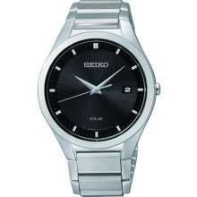 Men's Seiko Solar Quartz Sne241 Date Black Dial Stainless Steel Watch