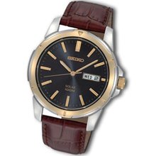 Men's Seiko Solar Two-Tone Brown Leather Strap Watch with Round Black Dial (Model: SNE102) seiko