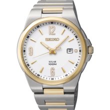 Mens Seiko Two Tone Stainless Steel White Dial Solar Watch