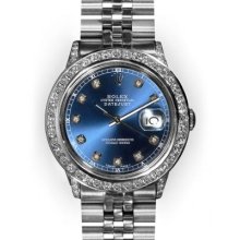 Mens Stainless Steel Blue Dial Diamond Lug Beadset Set Rolex Datejust