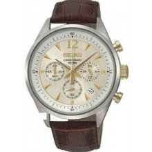 Men's Stainless Steel Case Chronograph Champagne Dial Date Display Leather Strap