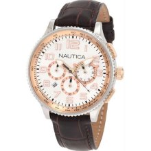 Men's Stainless Steel Case White and Rose Gold Dial Chronograph Leather Bracelet