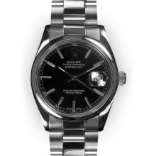 Mens Stainless Steel Oyster Black Stick Dial Smooth Rolex Datejust