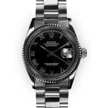 Mens Stainless Steel Oyster Black Dial Fluted Bezel Rolex Datejust