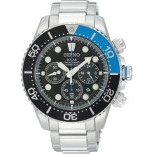 Men's Stainless Steel Solar Quartz Chronograph Black Dial Black and Blue Bezel