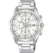 Men's Stainless Steel Solar Quartz Alarm Chronograph Silver Tone Dial