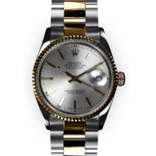 Men's Two Tone Oyster Silver Stick Dial Fluted Bezel Rolex Datejust