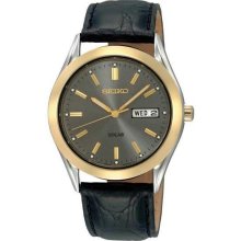 Men's Two Tone Stainless Steel Solar Quartz Charcoal Dial Black Leather Strap