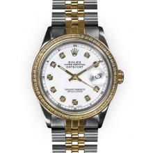 Men's Two Tone White Dial Yellow Gold Channel Set Bezel Rolex Datejust