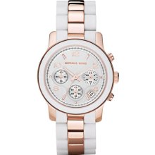 Michael Kors Ladies Rose Gold Two Tone Quartz Chronograph Silver Tone Dial White Silicone Link Bracelet MK5464