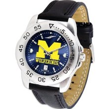 Michigan Wolverines Mens Blue AnoChrome Leather Sport Watch