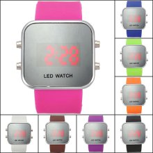 Mirror Led Digital Date Jelly Silicone Rubber Sport Wrist Watch