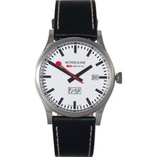 Mondaine Sport Day Date 41mm Watch - White Dial, Black Leather Strap A667.30308.16SBB Sale Authentic