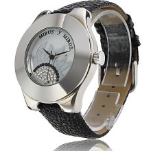 Movement Japan PC Silver Shell White Dial Inlay Czech Diamond Black Genuine Leather Watch