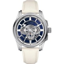 Nautica Mens Blue Dial Chronograph Stainless Steel Case White Leather Watch