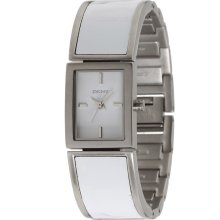 New DKNY Analog Rectangular Watch White Ladies Silver Tone Bangle Bracelet