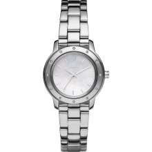 New DKNY Round Analog Ladies Silver-Tone Bracelet Watch Womens MOP Dial Crystals