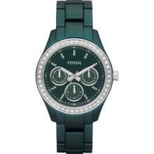 New FOSSIL Ladies Round Green Aluminum Watch Bracelet Crystals
