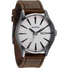 Nixon 'The Sentry' Leather Strap Watch Silver/ Brown