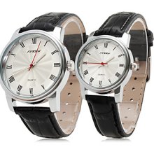 Pair of Couple's Elegant Leather PU Style Analog Quartz Wrist Watches (Black)
