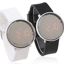 Pair of Jelly Sports Crystal Style Round Mirror Face Red LED Wrist Watch - Black & White