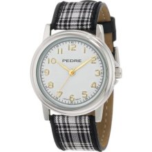 Pedre 0231Sx-Black-White Plaid Women'S 0231Sx Silver-Tone Black-White Plaid Grosgrain Strap Watch