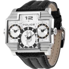 Police Pl-13088js-04 Men's Hammerhead Silver Tone Three Dial Leather Strap Watch