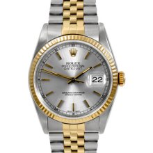 Pre-owned Rolex Mens Two Tone Datejust Silver Stick Dial Watch