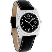 Pulsar Europa Mens Black Dial Quartz Black Leather Band Watch PXDA07