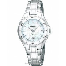 Pulsar Ladies Dress Sport Watch White Ceramic Bezel MOP PXT895