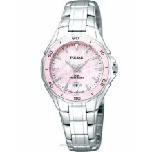 Pulsar Ladies Dress Sport Watch Pink Ceramic Bezel Pink MOP PXT899