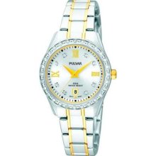 Pulsar Ladies' Pulsar, Silver Dial, Crystal-Set Dial & Bezel, Two-Tone PH7215X1 Watch