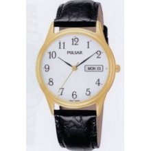 Pulsar Men`s Black Leather Strap Watch W/ Goldtone Case
