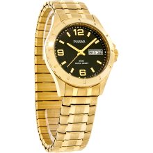 Pulsar Mens Easy Read Black Day/Date Gold Tone Expansion Stretch Watch PXN174