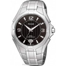 Pulsar Mens Sport Watch - Black Dial - Stainless Steel - Date Window PXH821