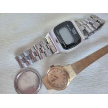 Pulsar Watch 2 Set Silver Tone Digital Gold Tone Analog For Parts Or Repair