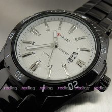 Quartz Hour Dial Date Day Water Black White Sport Men Steel Wrist Watch W226