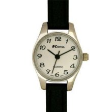 Ravel Watches Ladies Gold Plate Round Case Black Leather Strap Watch