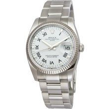 Rolex Date White Roman Dial Fluted Bezel Mens Watch 115234WRO