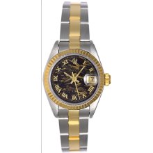 Rolex Ladies 2-Tone Datejust Watch 69173 Black Gold Roman Dial