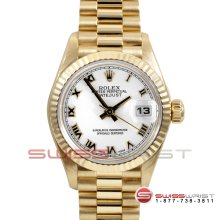 Rolex Ladies Yellow Gold President White Roman Fluted Bezel