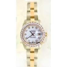 Rolex Ladys Stainless Steel & 18K Gold Datejust Model 69173 Oyster Band Custom Added White Diamond Dial & 2Ct Diamond Bezel