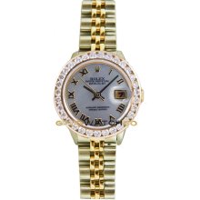 Rolex Ladys Stainless Steel & 18K Gold Datejust Model 69173 Jubilee Band Custom Added Mother Of Pearl Roman Dial & 2KT Diamond Bezel