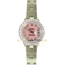 Rolex Ladys Stainless Steel Datejust Model 69174 Oyster Band Custom Added Pink Mother Of Pearl Diamond Dial & 2Ct Diamond Bezel